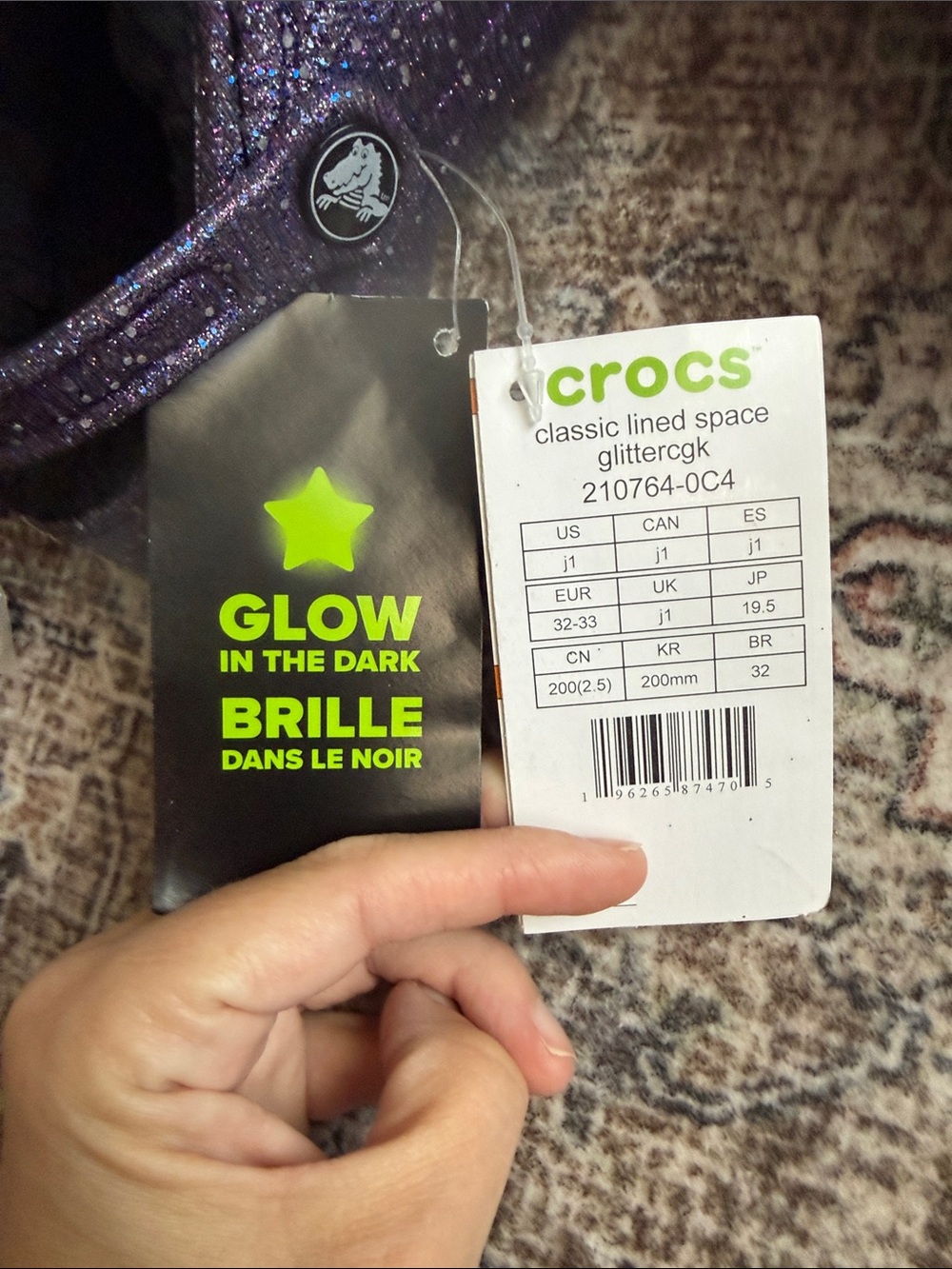 NWT Glittery Purple Galaxy-Like Crocs with Fuzzy Lining Sz 1 kids - Picture 4 of 5